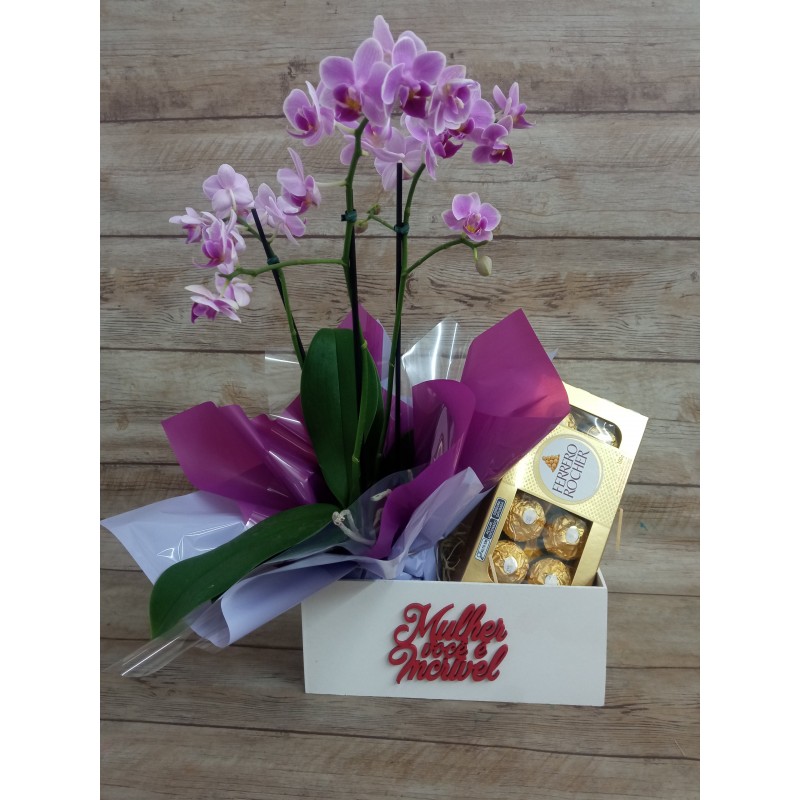 Mini Orquídea 2 Hastes Pote 9 Cor variada + Chocolate (Mulher você é incrível)