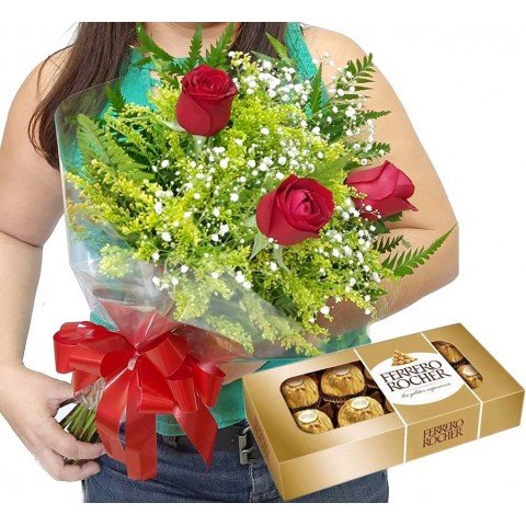 Buquê com 3 Rosas + Ferrero Rocher
