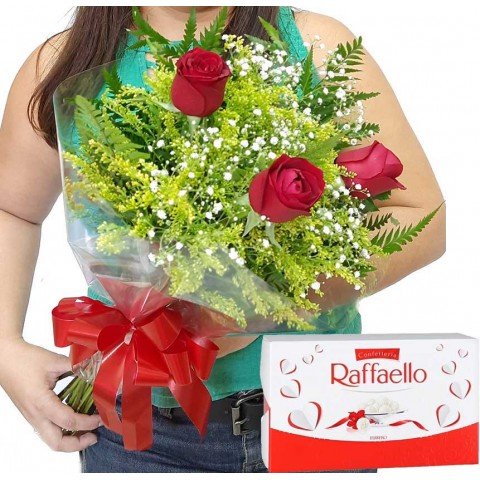 Buquê com 3 Rosas + Raffaello