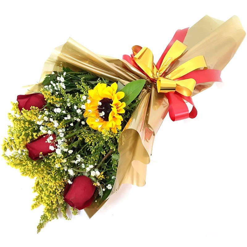Buquê Amor de Ouro 40cm com 3 Rosas + Girassol