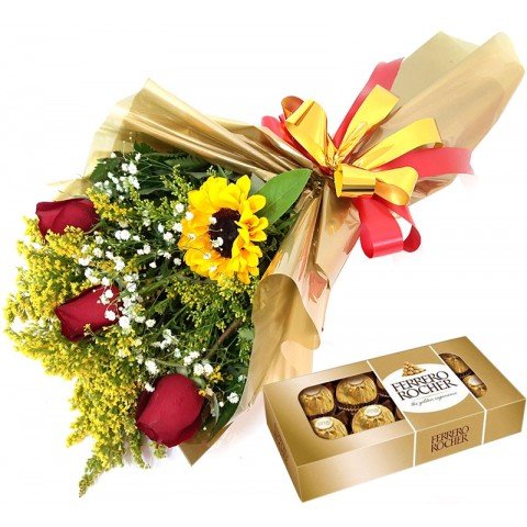Buquê Amor de Ouro 40cm com 3 Rosas + Girassol + Ferrero Rocher