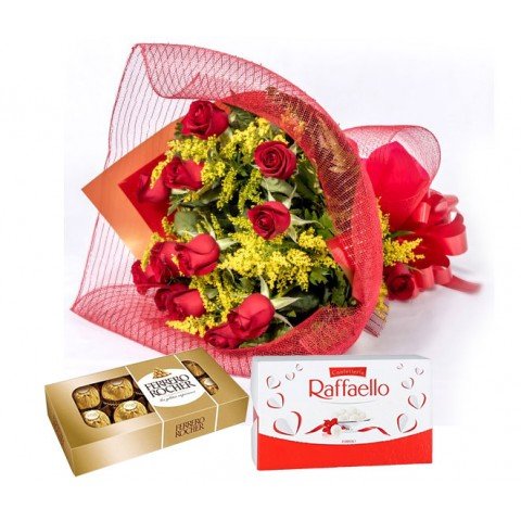 Buquê Tradicional na Tela com 12 Rosas + Chocolate