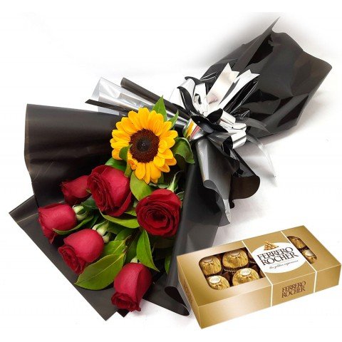 Buquê Com Amor 6 Rosas + Ferrero Rocher com 8 Bombons