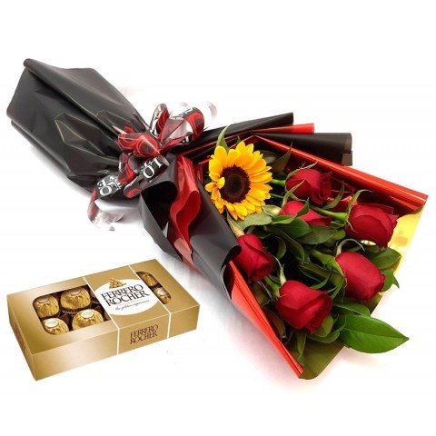 Buquê Love 6 Rosas + Ferrero Rocher com 8 Bombons