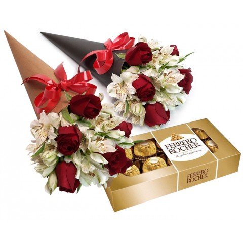 Buquê no Cone com Rosas e Astromélias + Chocolate