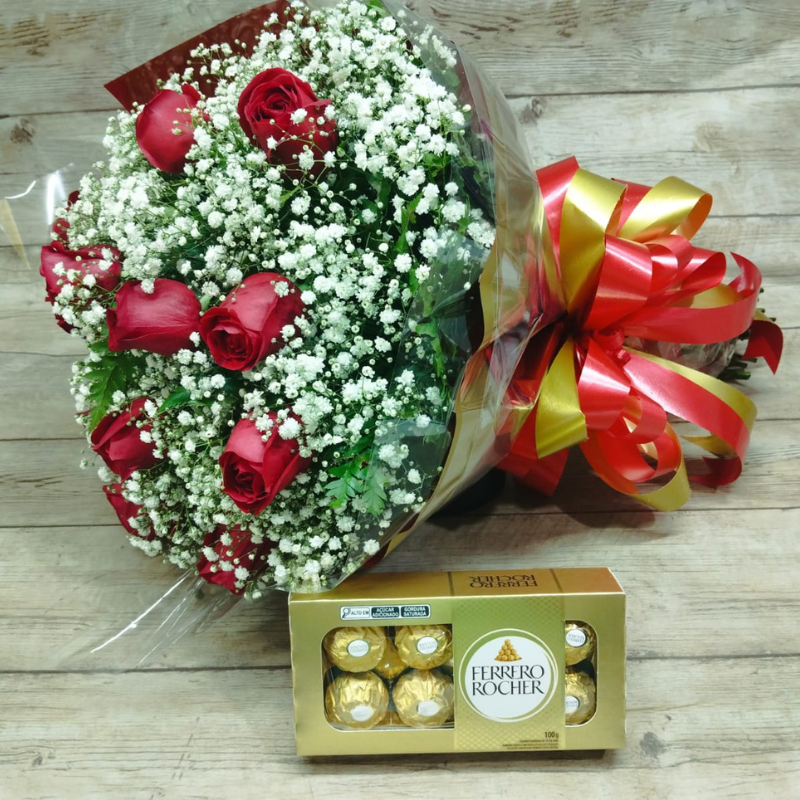 Buquê Tradicional com 12 Rosas + Ferrero Rocher