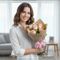 Buquê Simples com 12 Rosas cor de rosa no kraft