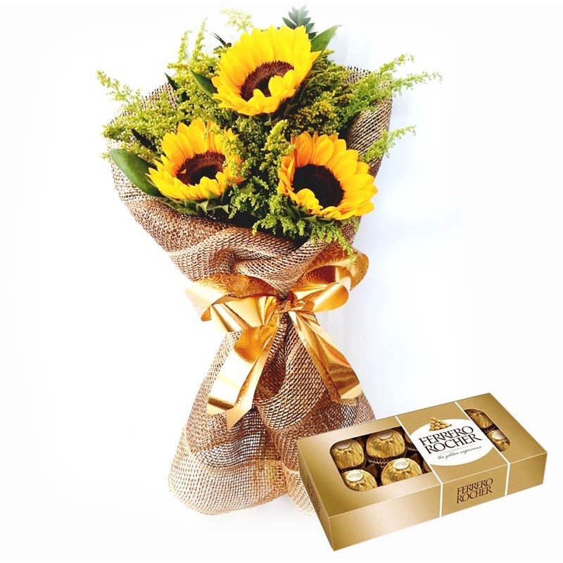 Buquê com 3 Girassois na Tela Decorada + Ferrero Rocher