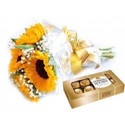 Buquê de Girassol 40cm com 5 Flores + Ferrero Rocher