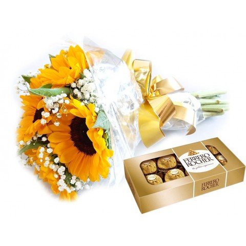 Buquê de Girassol 40cm com 5 Flores + Ferrero Rocher