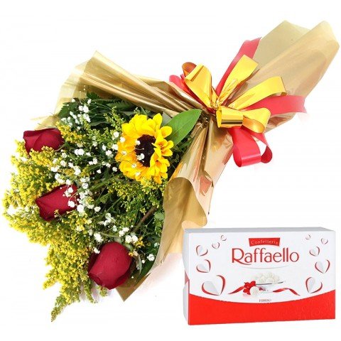 Buquê Amor de Ouro 40cm com 3 Rosas + Girassol + Chocolate Raffaello