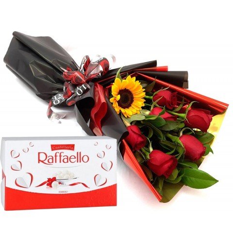Buquê Love 6 Rosas + Raffaello com 9 Bombons